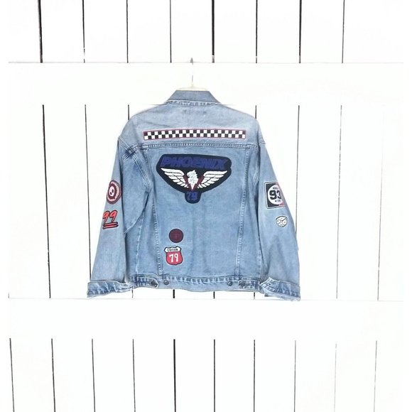 Patch faded blue denim  jean jacket west coast phoenix 79 distressed - Picture 7 of 9